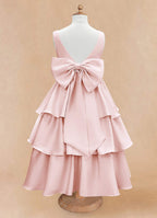 Geranium Elegant Pink Satin Tiered Flower Girl Dress with Oversized Back Bow | Tulle Ruffle Princess Party Gown KD-188