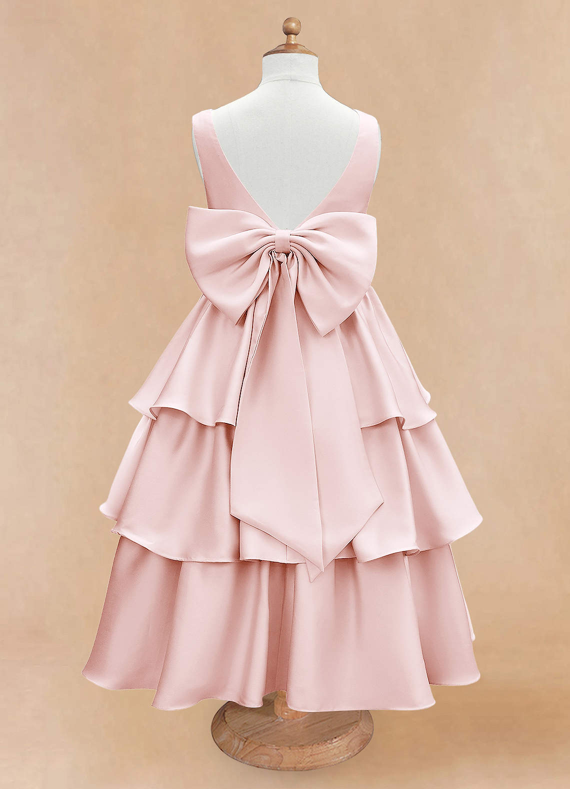 Geranium Elegant Pink Satin Tiered Flower Girl Dress with Oversized Back Bow | Tulle Ruffle Princess Party Gown KD-188