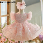 Geranium Sparkling Butterfly Sequined Toddler Formal Dress - Ethereal Feather Sleeve Birthday Gown with Oversized Back Bow KD-362