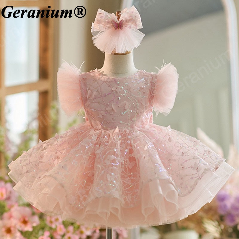 Geranium Sparkling Butterfly Sequined Toddler Formal Dress - Ethereal Feather Sleeve Birthday Gown with Oversized Back Bow KD-362