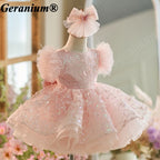 Geranium Sparkling Butterfly Sequined Toddler Formal Dress - Ethereal Feather Sleeve Birthday Gown with Oversized Back Bow KD-362