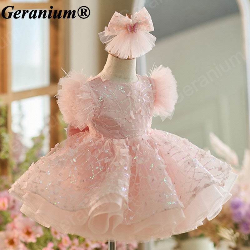 Geranium Sparkling Butterfly Sequined Toddler Formal Dress - Ethereal Feather Sleeve Birthday Gown with Oversized Back Bow KD-362