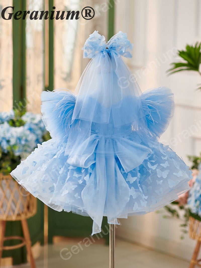 Geranium 3D Butterfly Appliqué Flower Girl Dress - Ruffled Wing Sleeves Tulle Tutu Birthday Party Gown with Matching Veil KD-372