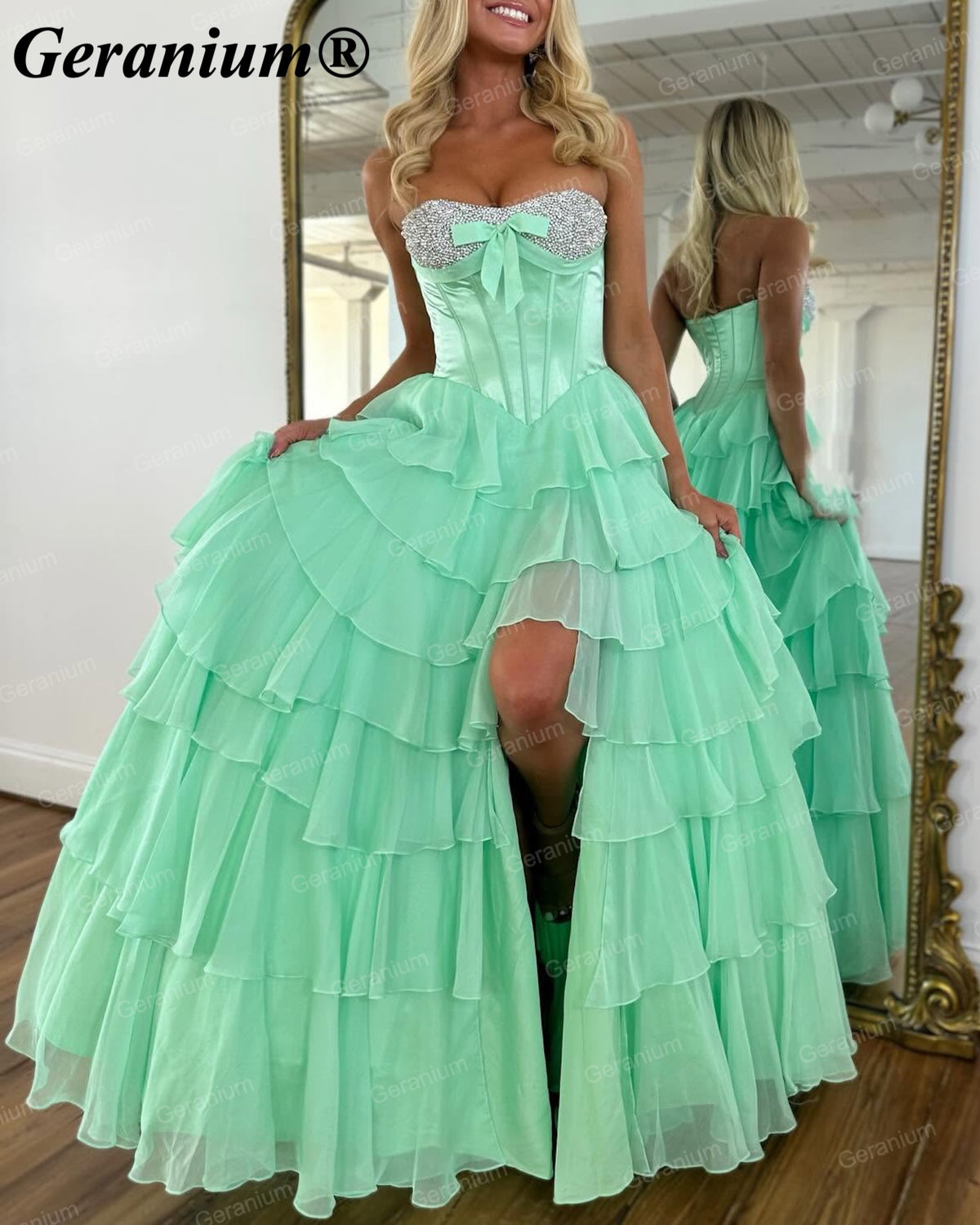 Geranium Rhinestone Strapless High-Low Ball Gown Prom Dress – GER702P