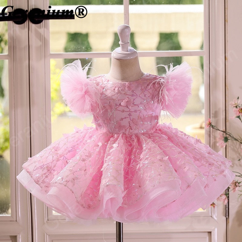 Geranium Sparkling Butterfly Sequined Toddler Formal Dress - Ethereal Feather Sleeve Birthday Gown with Oversized Back Bow KD-362