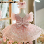 Geranium Sparkling Butterfly Sequined Toddler Formal Dress - Ethereal Feather Sleeve Birthday Gown with Oversized Back Bow KD-362
