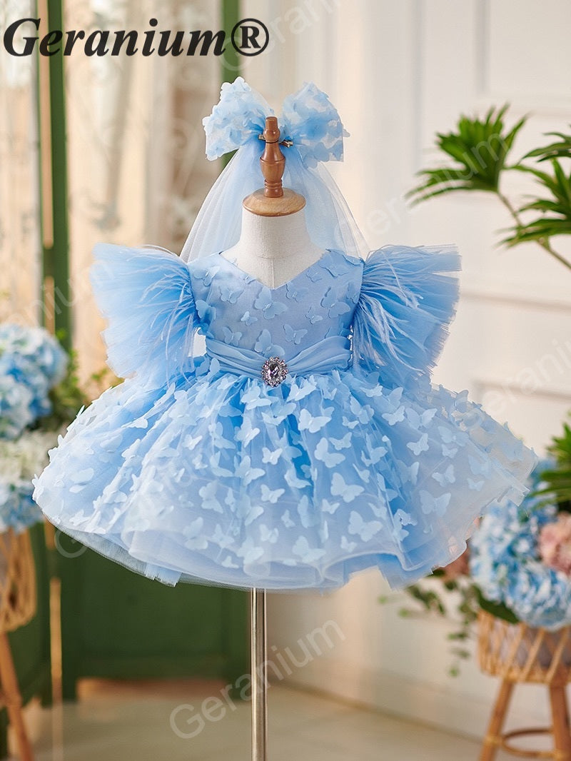 Geranium 3D Butterfly Appliqué Flower Girl Dress - Ruffled Wing Sleeves Tulle Tutu Birthday Party Gown with Matching Veil KD-372