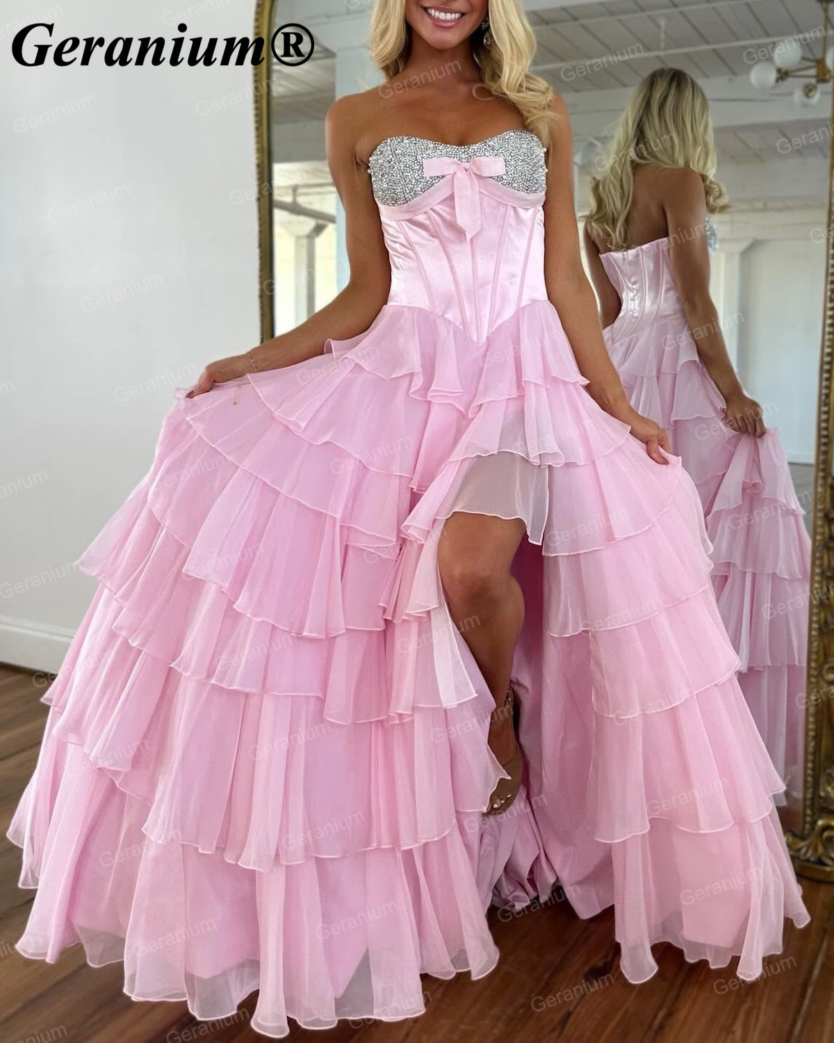 Geranium Rhinestone Strapless High-Low Ball Gown Prom Dress – GER702P