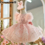 Geranium Sparkling Butterfly Sequined Toddler Formal Dress - Ethereal Feather Sleeve Birthday Gown with Oversized Back Bow KD-362