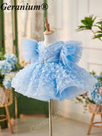 Geranium 3D Butterfly Appliqué Flower Girl Dress - Ruffled Wing Sleeves Tulle Tutu Birthday Party Gown with Matching Veil KD-372