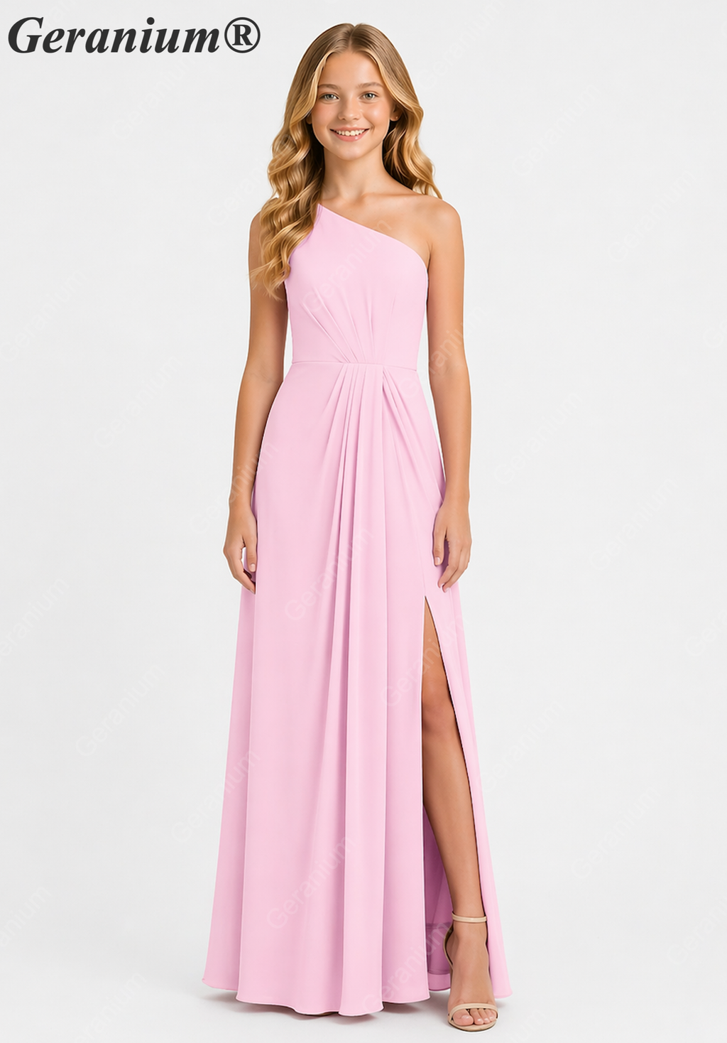 Geranium Elegant One-Shoulder Pleated Chiffon Junior Bridesmaid Dress with Side Slit KD-317