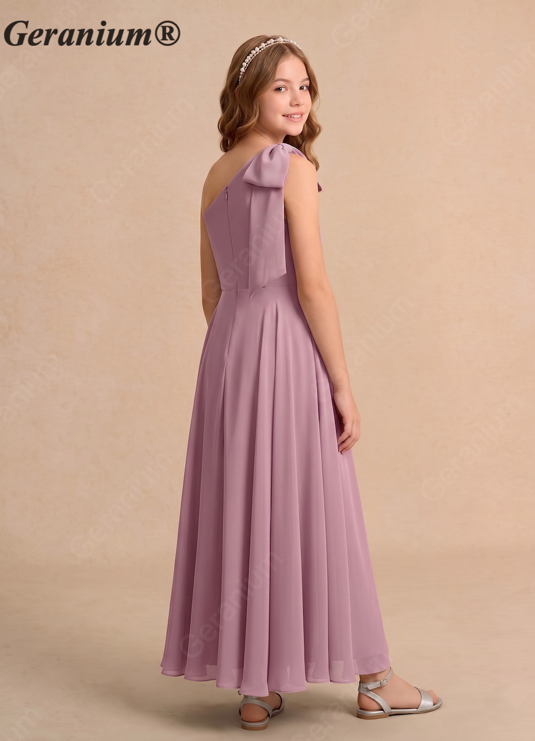 Geranium Vintage Mauve One-Shoulder Chiffon Junior Bridesmaid Dress with Bow – KD-106 Secondary image
