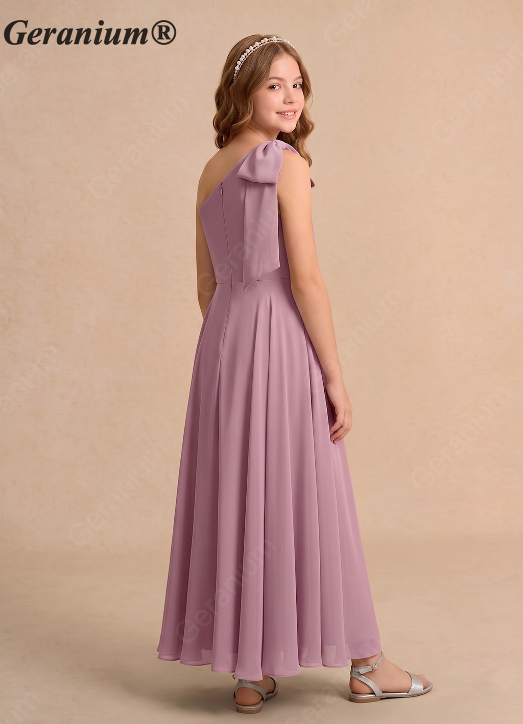 Geranium Dusty Mauve One Shoulder Flower Girl Dress with Bow – Elegant Chiffon Junior Bridesmaid Dress Long KD-106