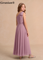 Geranium Dusty Mauve One Shoulder Flower Girl Dress with Bow – Elegant Chiffon Junior Bridesmaid Dress Long KD-106