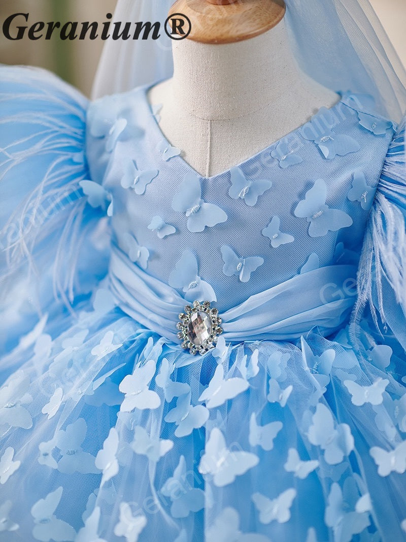 Geranium 3D Butterfly Appliqué Flower Girl Dress - Ruffled Wing Sleeves Tulle Tutu Birthday Party Gown with Matching Veil KD-372