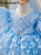Geranium 3D Butterfly Appliqué Flower Girl Dress - Ruffled Wing Sleeves Tulle Tutu Birthday Party Gown with Matching Veil KD-372