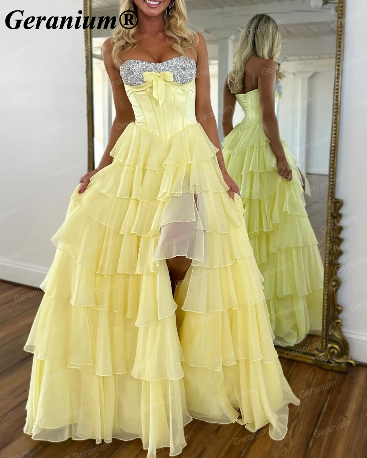 Geranium Rhinestone Strapless High-Low Ball Gown Prom Dress – GER702P