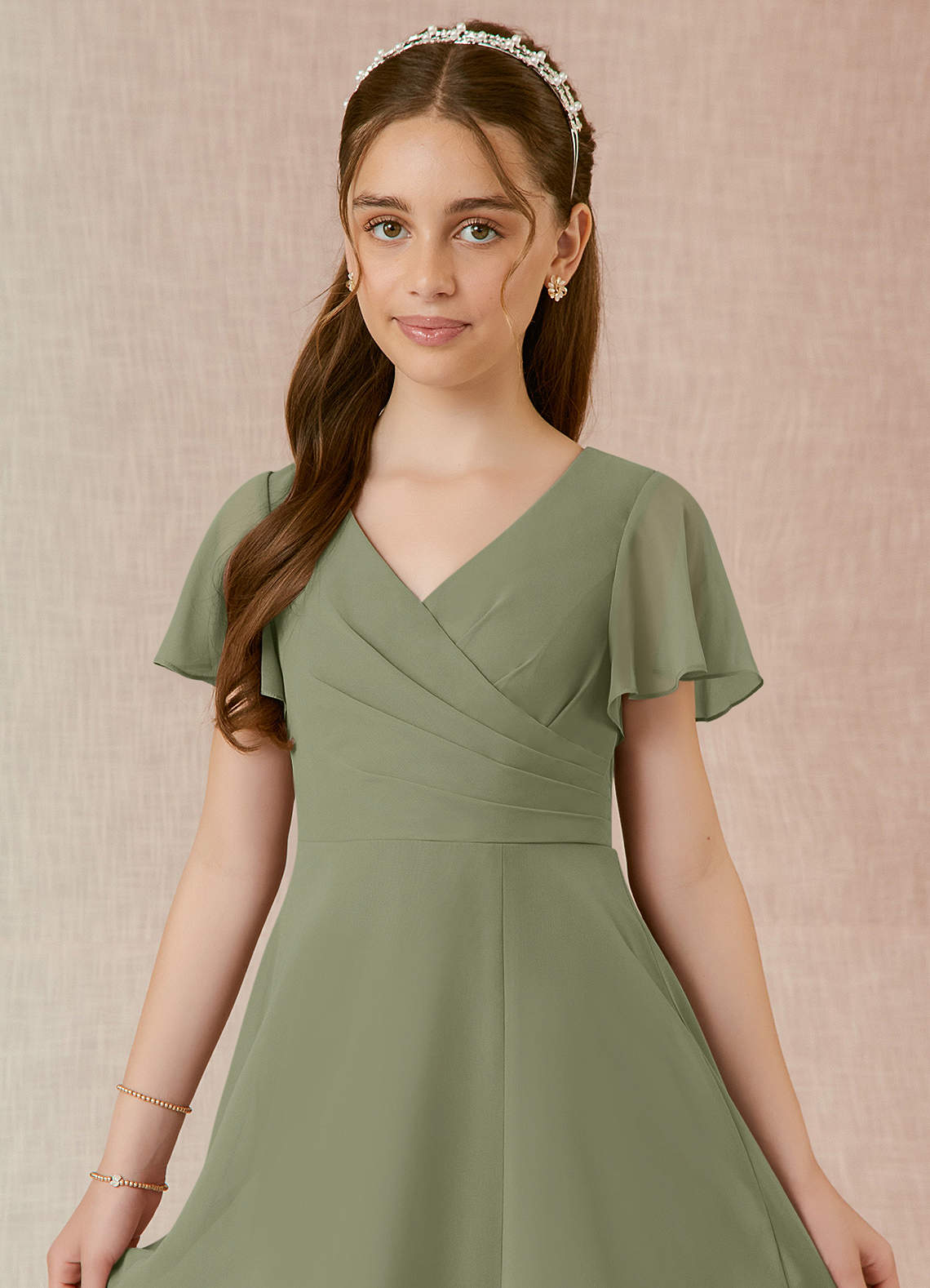 Geranium Elegant Chiffon Junior Bridesmaid Dress with V-Neck Flutter Sleeves & Side Split KD-145