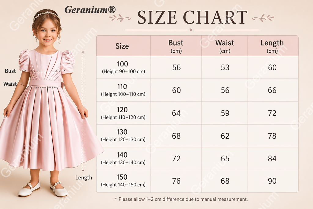 Geranium Elegant Puff Sleeve Satin Flower Girl Dress with Back Bow - Pink Formal Party Gown for Kids KD-254