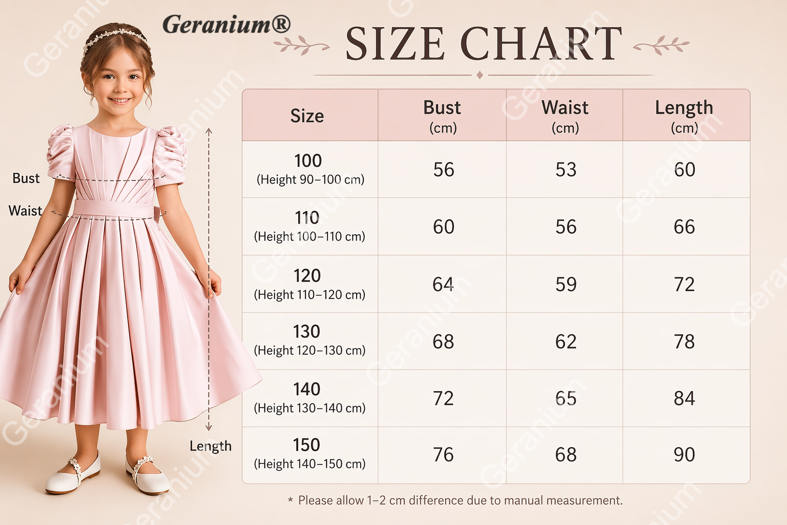 Geranium Elegant Puff Sleeve Satin Flower Girl Dress with Back Bow - Pink Formal Party Gown for Kids KD-254