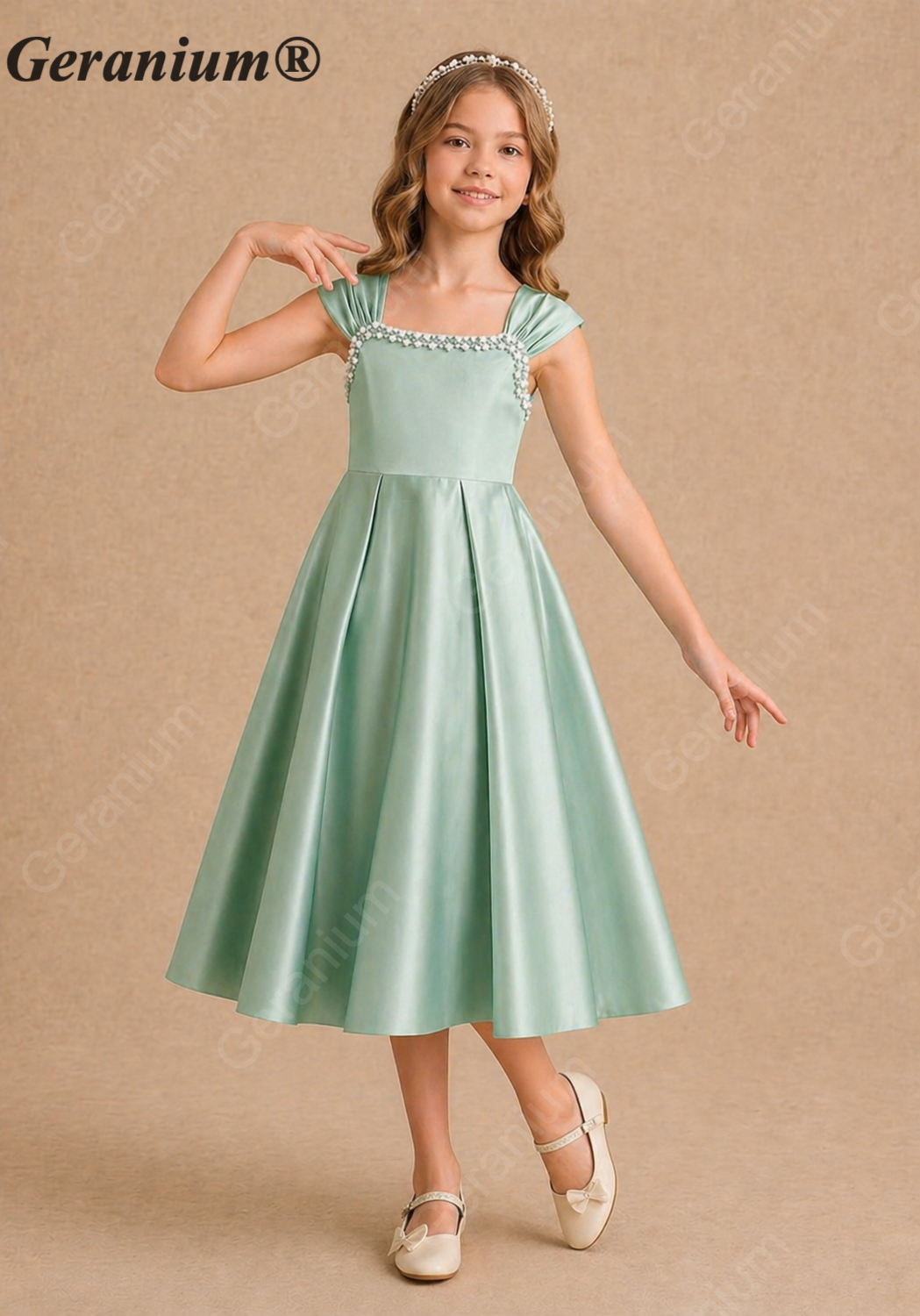 Geranium Elegant Sage Green Satin Junior Bridesmaid Dress with Pearl Square Neckline KD-211J