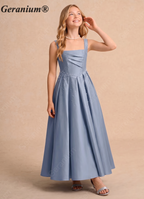 Geranium Elegant Dusty Blue Satin Flower Girl Dress - Pearl Beaded Junior Bridesmaid Gown KD-299