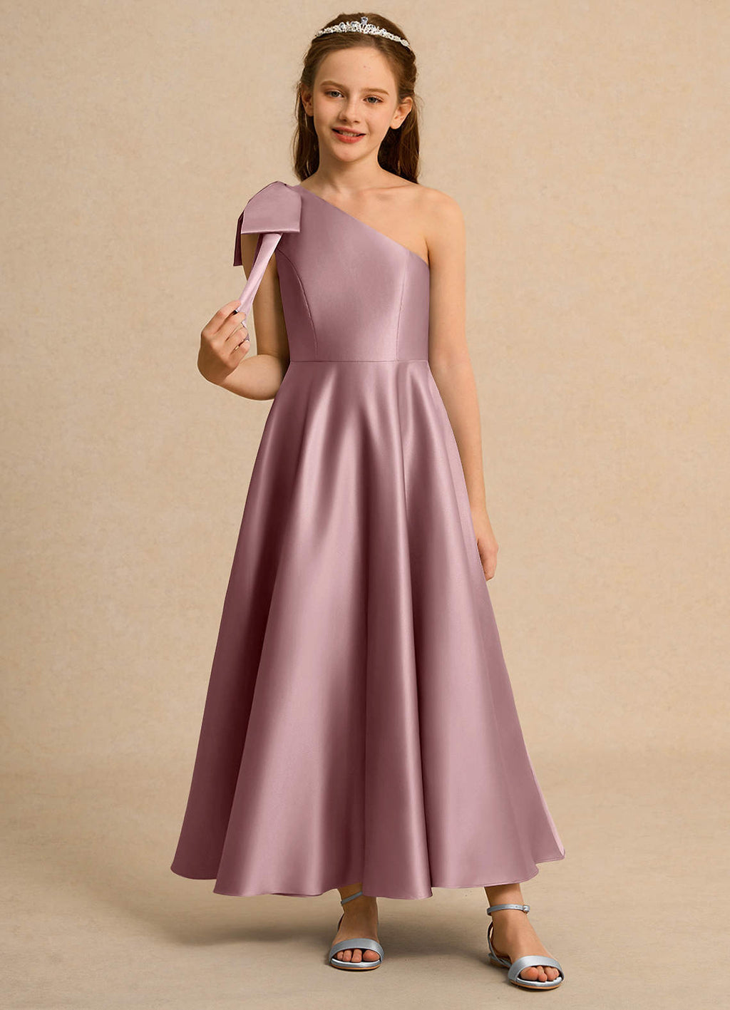 Geranium Elegant One-Shoulder Satin Junior Bridesmaid Dress with Oversized Bow - Floor Length Formal Gown for Girls KD-244
