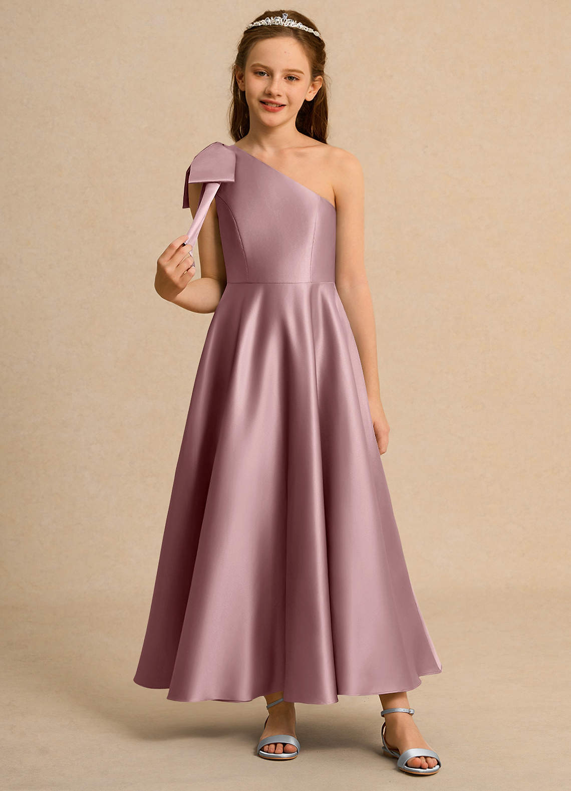 Geranium Elegant One-Shoulder Satin Junior Bridesmaid Dress with Oversized Bow - Floor Length Formal Gown for Girls KD-244