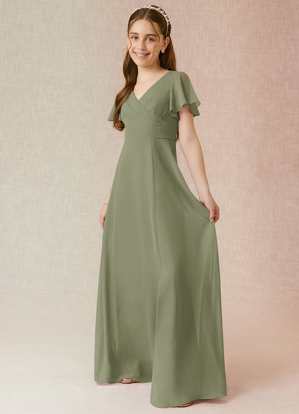 Geranium Elegant Chiffon Junior Bridesmaid Dress with V-Neck Flutter Sleeves & Side Split KD-145