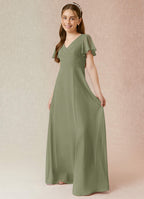 Geranium Elegant Chiffon Junior Bridesmaid Dress with V-Neck Flutter Sleeves & Side Split KD-145