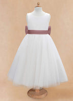 Geranium Elegant White Tulle Flower Girl Dress with Dusty Rose Sash & Oversized Back Bow KD-195