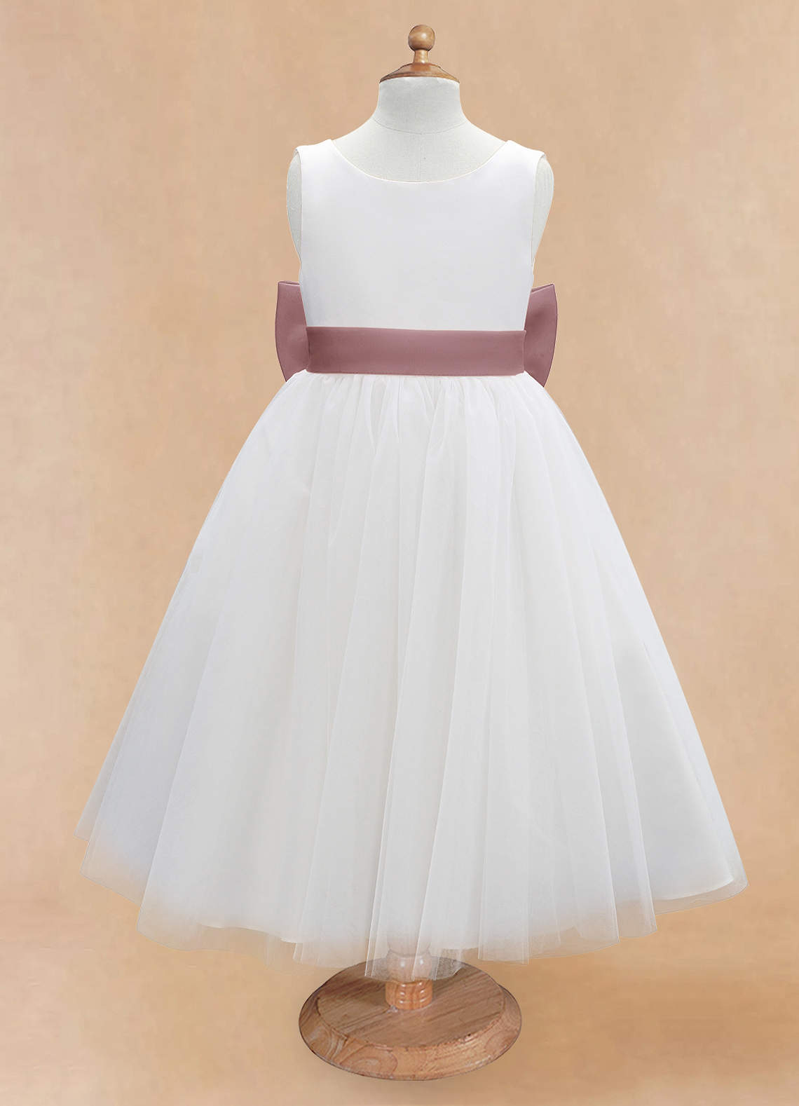 Geranium Elegant White Tulle Flower Girl Dress with Dusty Rose Sash & Oversized Back Bow KD-195