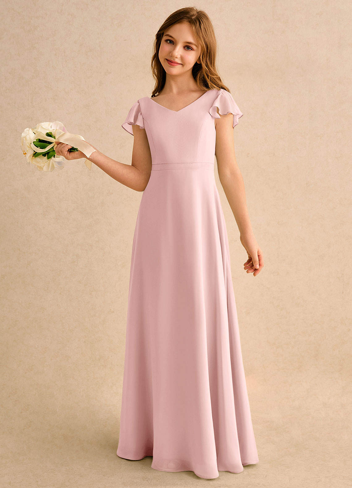 Geranium Blush Pink Chiffon Junior Bridesmaid Dress with Flutter Sleeves & Crisscross Back KD-147 Main image