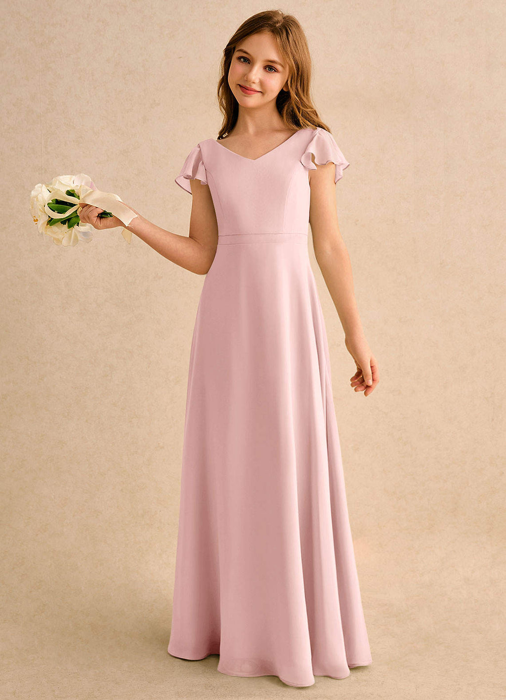 Geranium Blush Pink Chiffon Junior Bridesmaid Dress with Flutter Sleeves & Crisscross Back KD-147