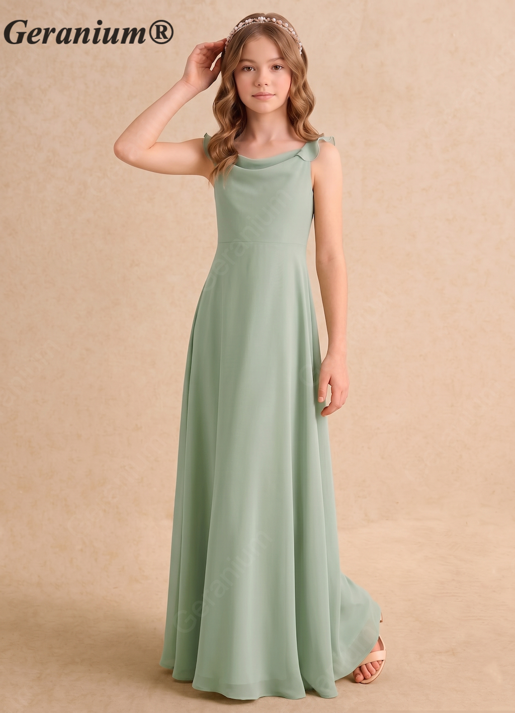 Geranium Sage Green Chiffon Junior Bridesmaid Dress with Ruffle Straps – Elegant Floor-Length Flower Girl Dress KD-169