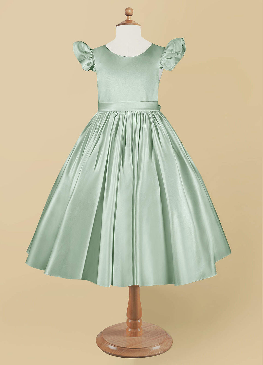 Geranium Mint Green Satin Flower Girl Dress with Flutter Sleeves & Back Bow - Elegant A-Line Communion Party Gown KD-252