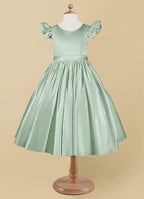 Geranium Mint Green Satin Flower Girl Dress with Flutter Sleeves & Back Bow - Elegant A-Line Communion Party Gown KD-252