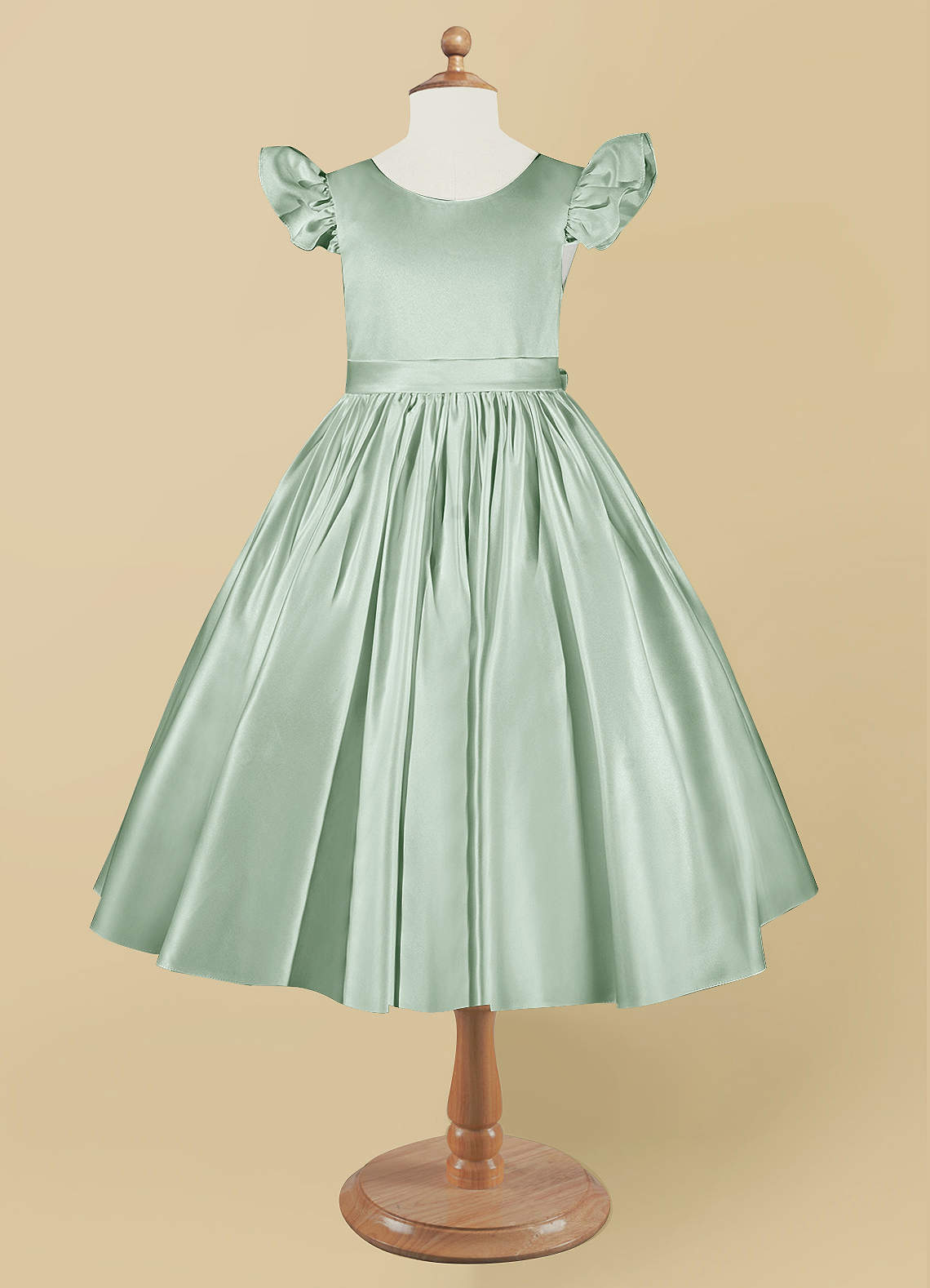 Geranium Mint Green Satin Flower Girl Dress with Flutter Sleeves & Back Bow - Elegant A-Line Communion Party Gown KD-252
