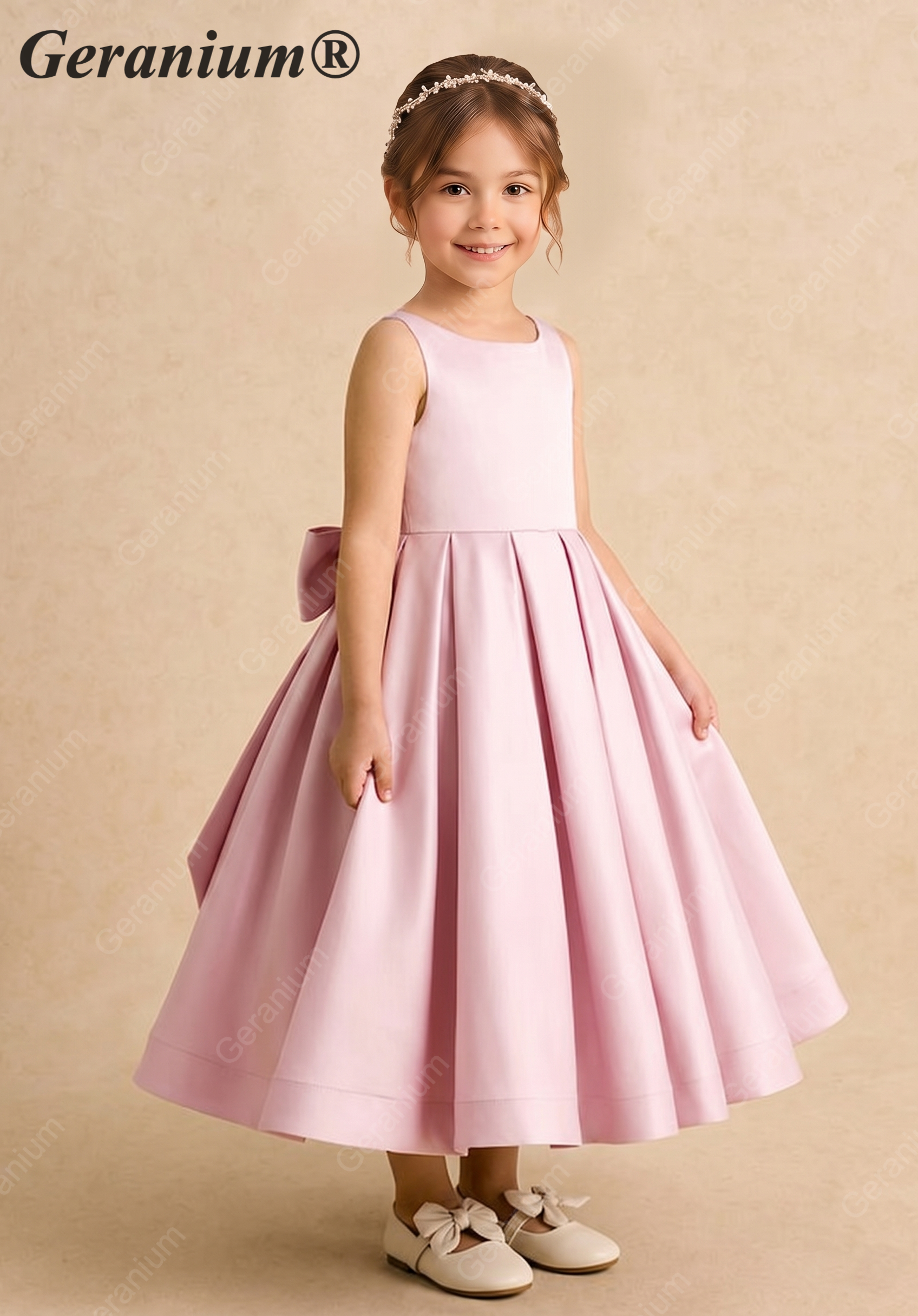 Geranium Elegant Dusty Pink Satin Flower Girl Dress - Backless A-Line Princess Gown with Oversized Bow for Weddings & Birthdays KD-295 Secondary image
