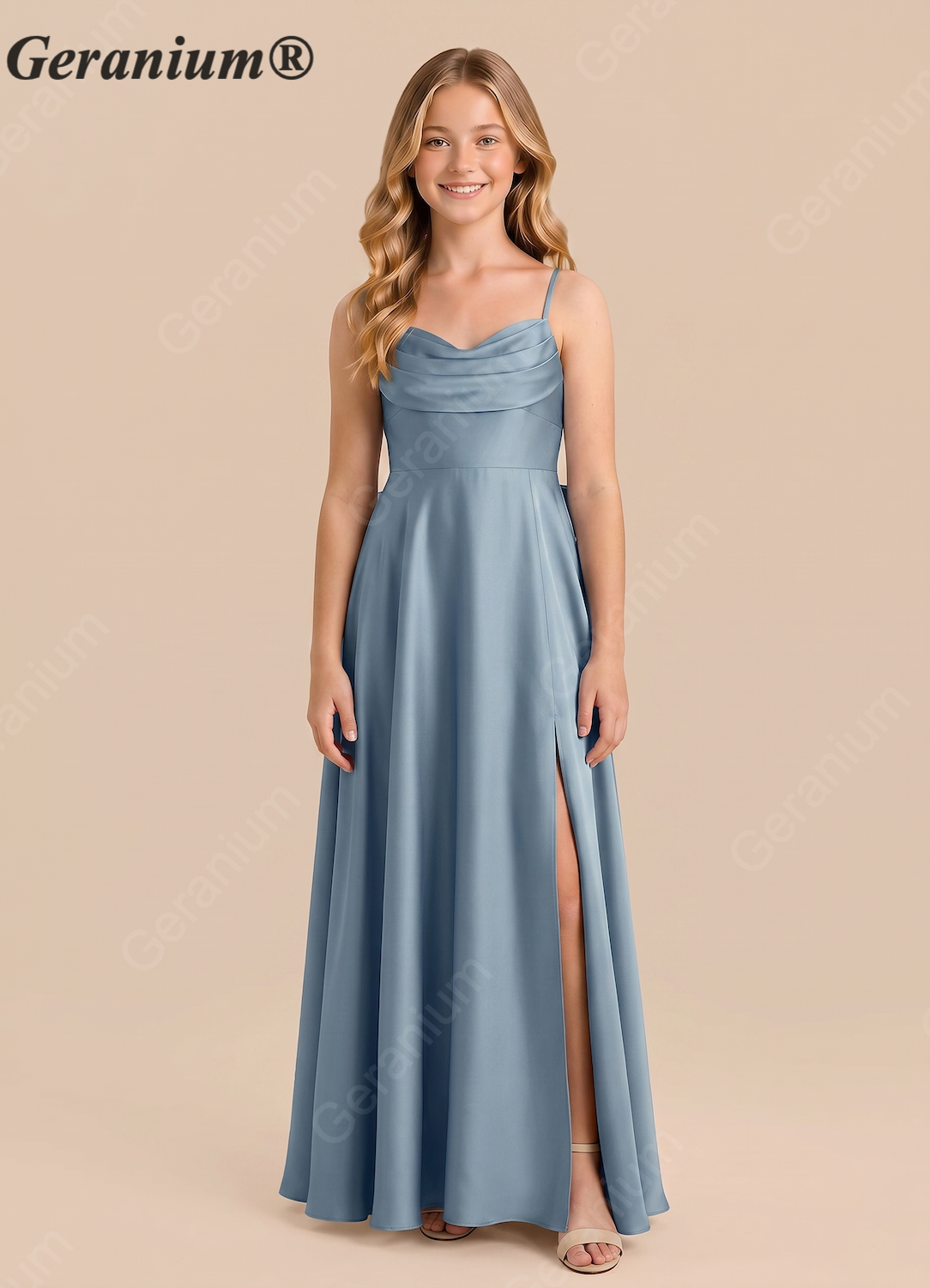 Geranium Dusty Blue Satin A-Line Bridesmaid Dress with Cowl Neck & Bow Back – Elegant Floor Length Evening Gown KD-155 Main image