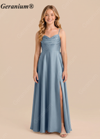 Geranium Dusty Blue Satin A-Line Bridesmaid Dress with Cowl Neck & Bow Back – Elegant Floor Length Evening Gown KD-155