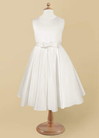 Geranium Elegant Satin Sleeveless Flower Girl Dress with Bow Sash - A-Line First Communion Princess Gown KD-261