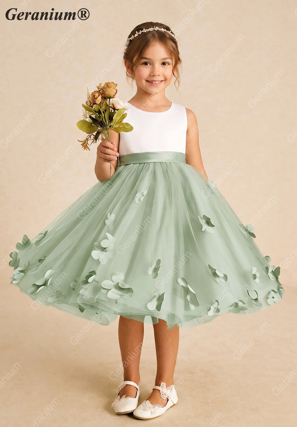 Geranium Sage Green 3D Floral Applique Flower Girl Dress - Satin & Tulle Tulle Princess Party Gown with Bow KD-192