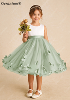 Geranium Sage Green 3D Floral Applique Flower Girl Dress - Satin & Tulle Tulle Princess Party Gown with Bow KD-192