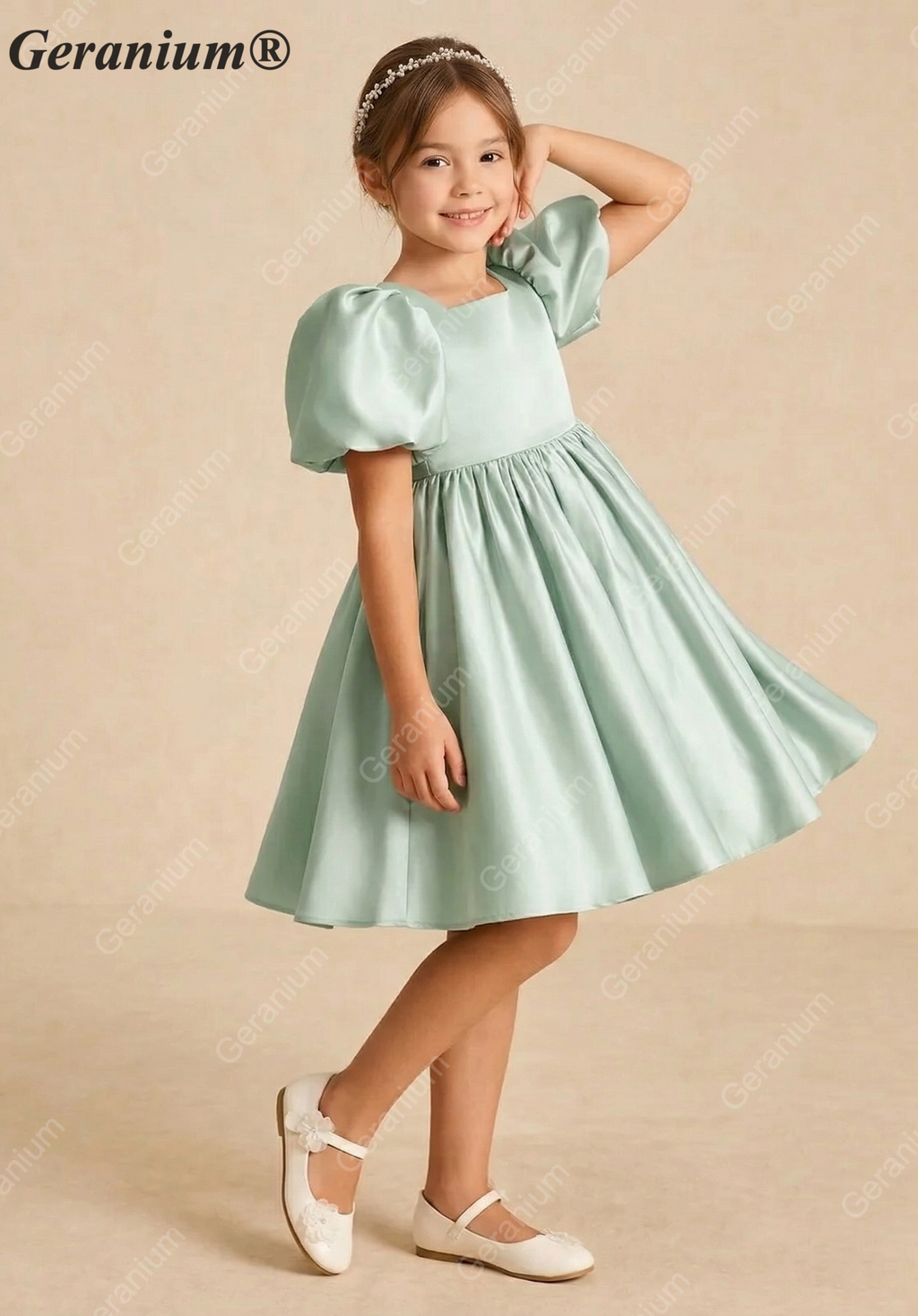 Geranium Elegant Sage Green Satin Flower Girl Dress - Heart Cutout Back with Oversized Bow - Puffy Short Sleeves Birthday Party Gown KD-282