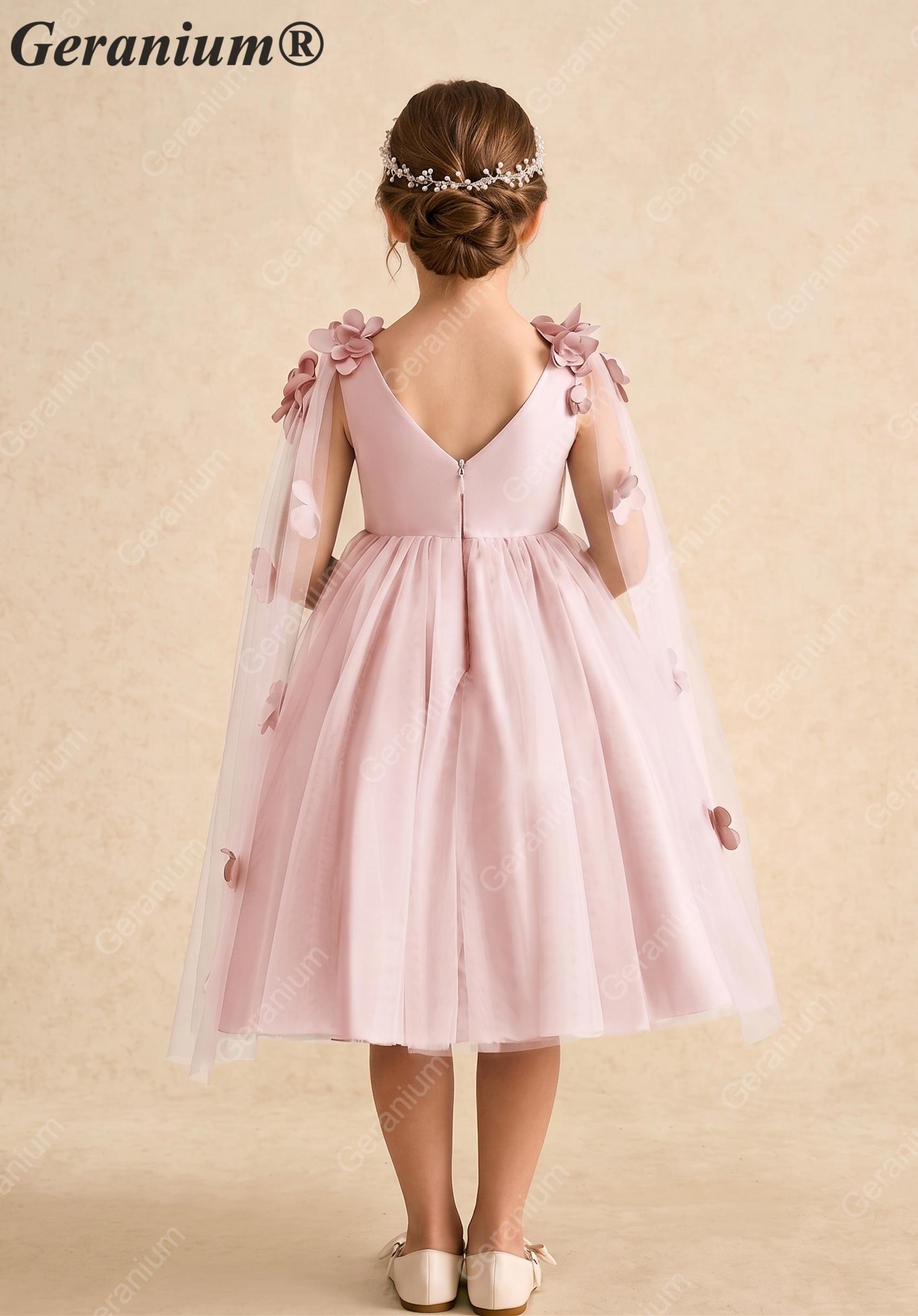 Geranium Enchanting Dusty Pink 3D Floral Flower Girl Dress with Ethereal Tulle Cape Sleeves KD-198
