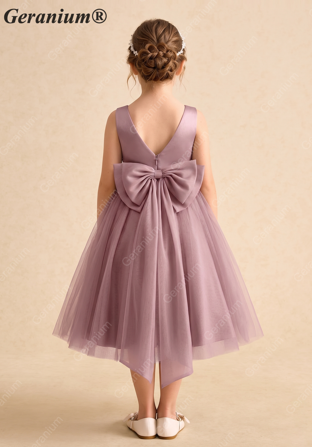 Geranium Elegant Girls' Mauve Satin & Tulle Party Dress with Oversized Detachable Back Bow KD-185