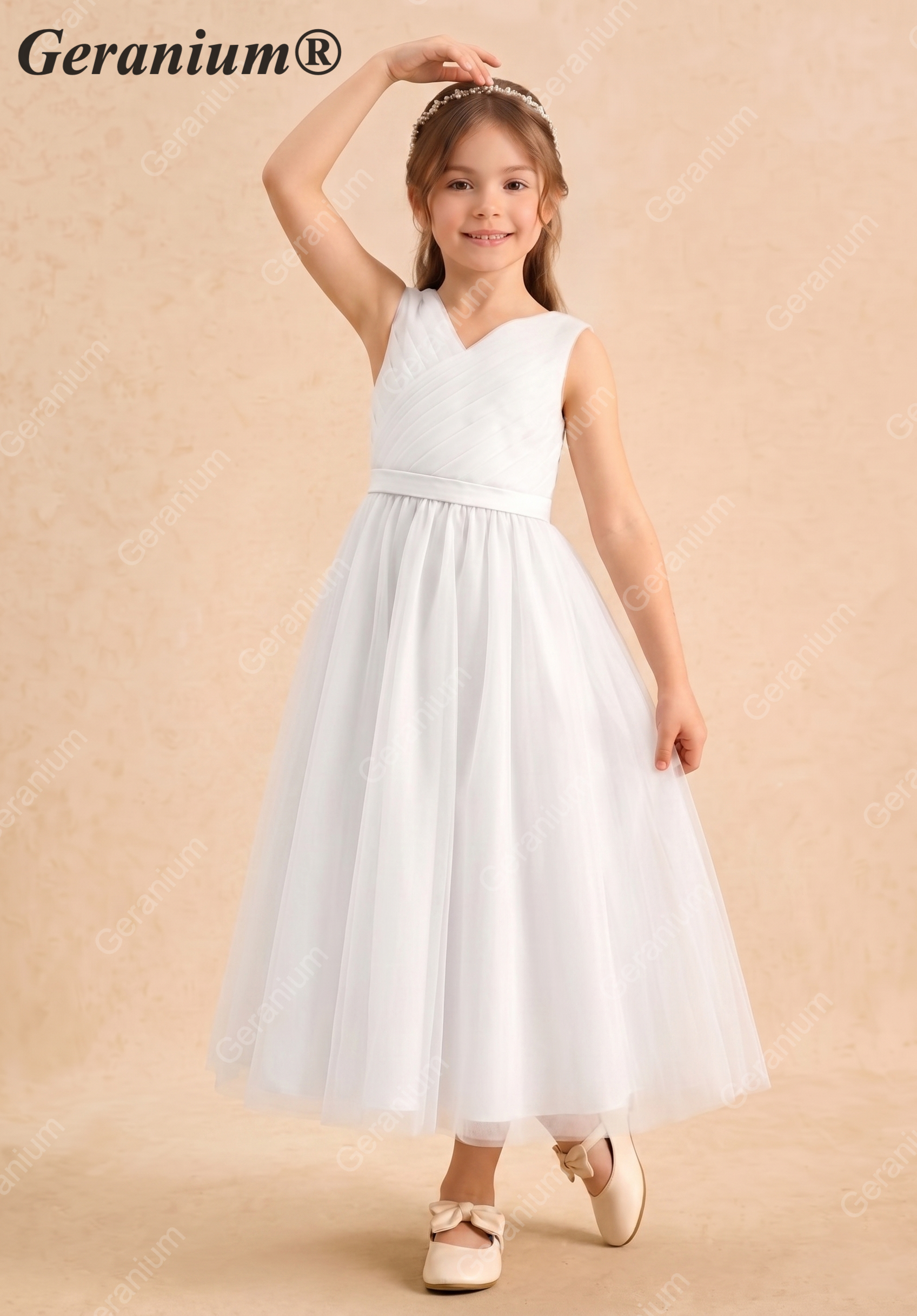 Geranium Elegant V-Neck Ruched Tulle Flower Girl Dress - Sleeveless Princess A-Line Gown for Weddings & Parties KD-225 Main image