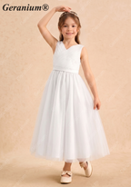 Geranium Elegant V-Neck Ruched Tulle Flower Girl Dress - Sleeveless Princess A-Line Gown for Weddings & Parties KD-225