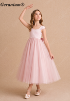 Geranium Elegant Blush Pink Satin and Tulle Flower Girl Dress with Oversized Back Bow KD-184J